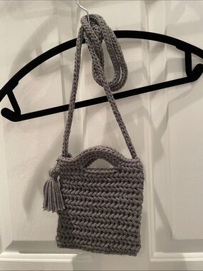 Hand Crocheted Herringbone Stitch Crossbody Bag in Grey with Tassel